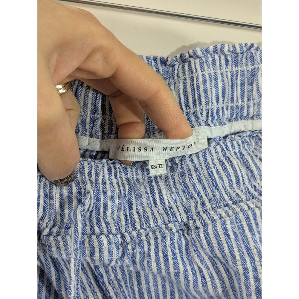 Melissa Nepton Striped Pants Blue White Linen Cropped Elastic Waist Nautical XS - Picture 3 of 12